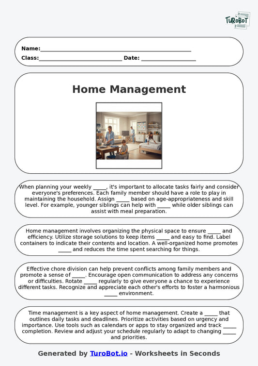 Year 8 Family and Consumer Science Fill in the Blanks Worksheet – Home Management and Chores