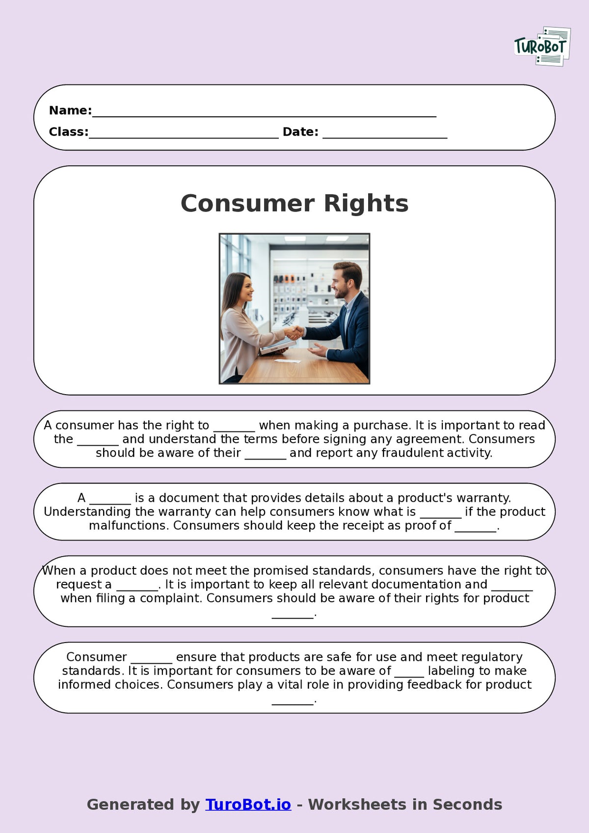 Year 9 Family and Consumer Science Fill in the Blanks Worksheet – Consumer Rights and Responsibilities