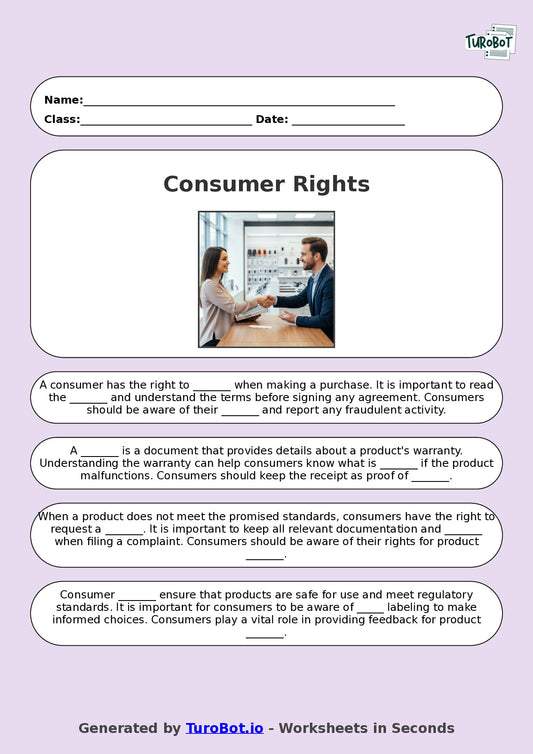 Year 9 Family and Consumer Science Fill in the Blanks Worksheet – Consumer Rights and Responsibilities