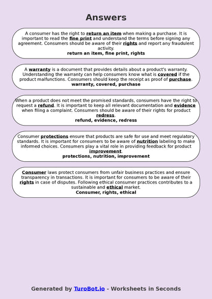 Year 9 Family and Consumer Science Fill in the Blanks Worksheet – Consumer Rights and Responsibilities