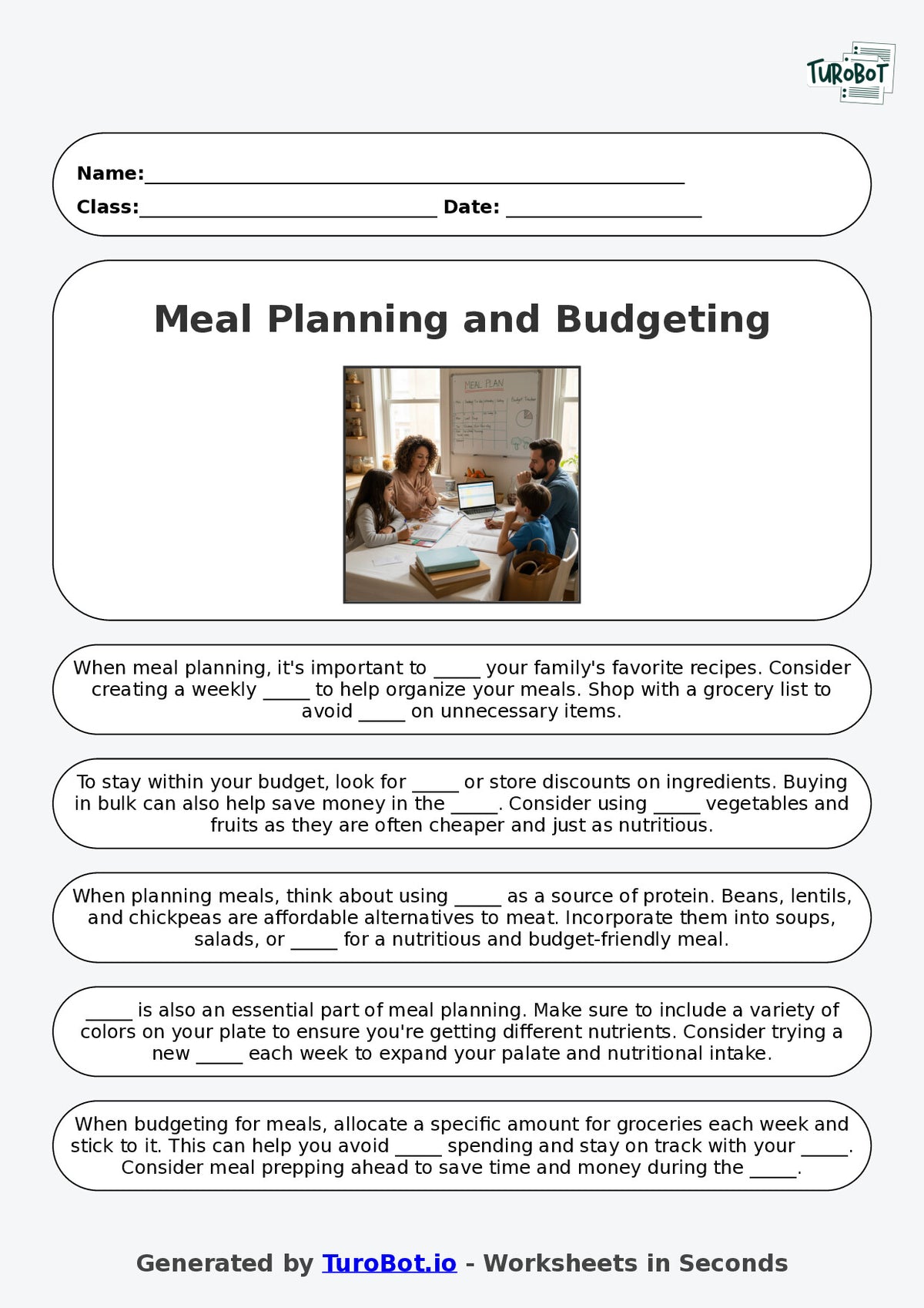 Year 9 Family and Consumer Science Fill in the Blanks Worksheet – Meal Planning and Budgeting