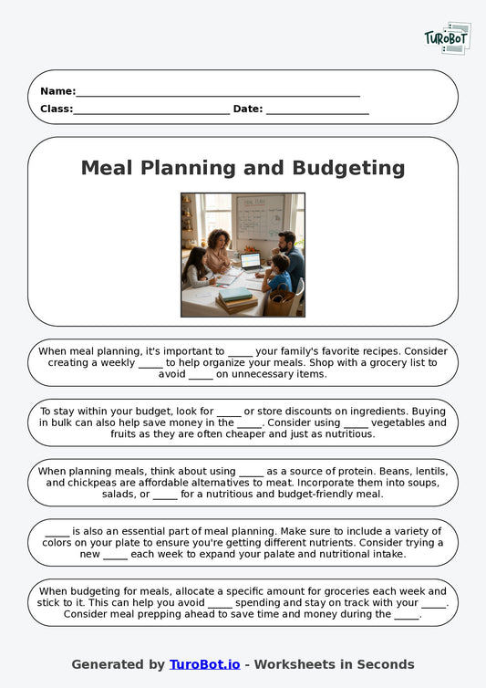 Year 9 Family and Consumer Science Fill in the Blanks Worksheet – Meal Planning and Budgeting