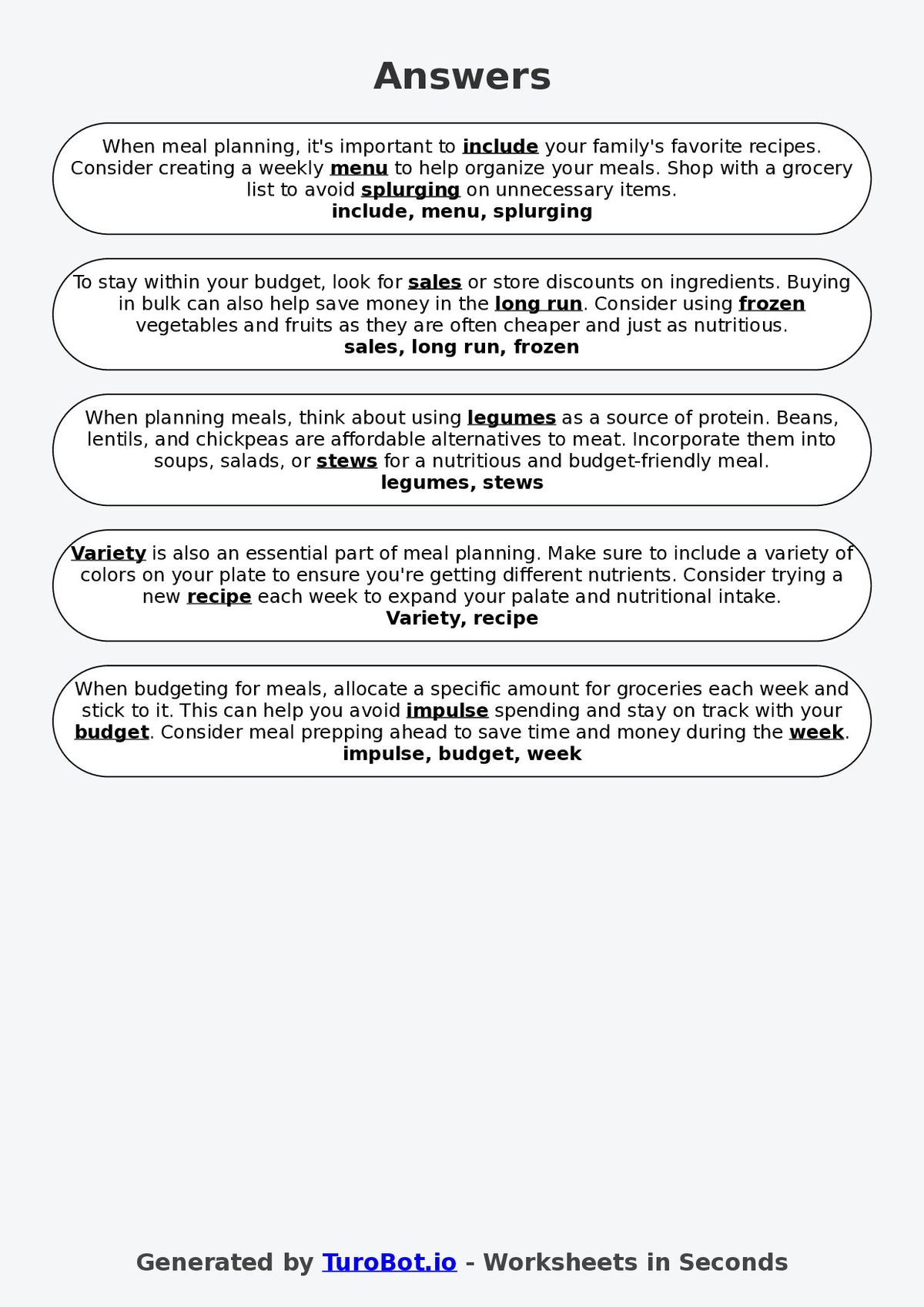 Year 9 Family and Consumer Science Fill in the Blanks Worksheet – Meal Planning and Budgeting
