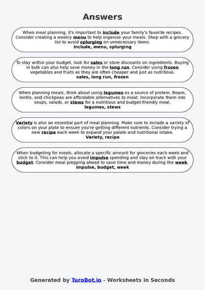 Year 9 Family and Consumer Science Fill in the Blanks Worksheet – Meal Planning and Budgeting
