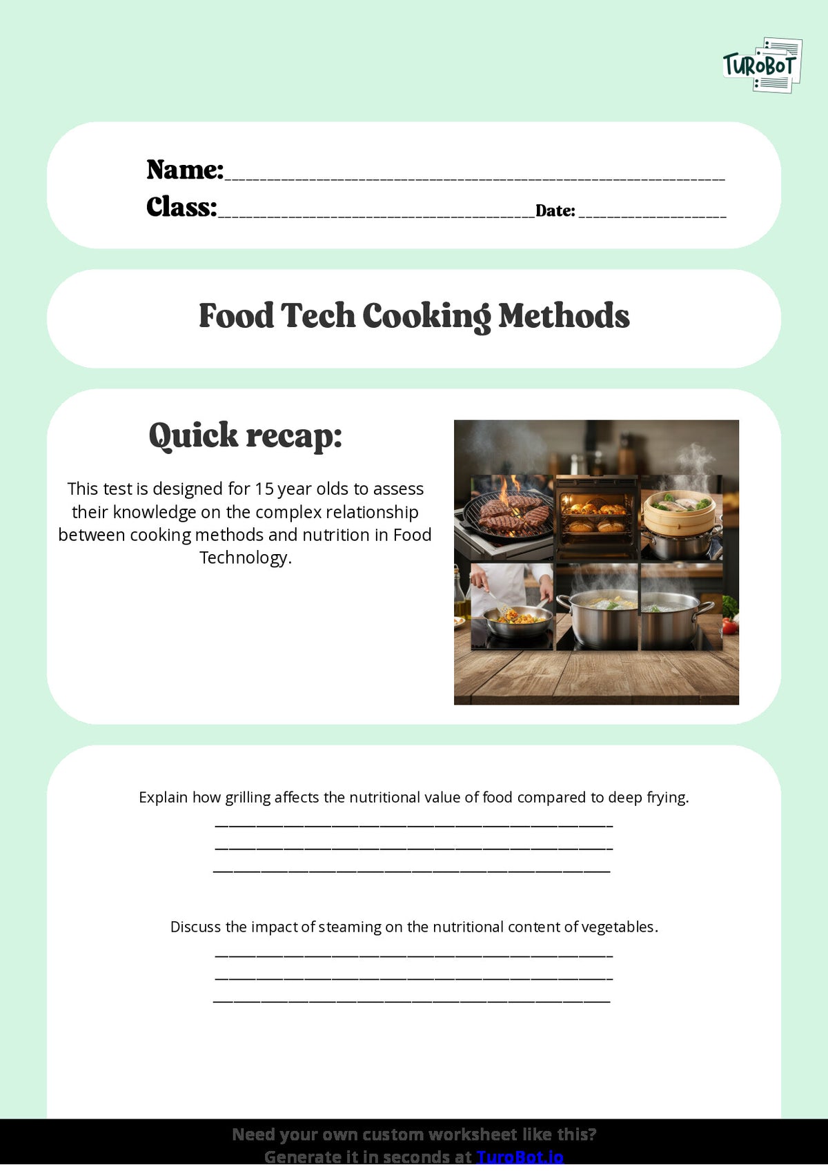 Free Worksheet - Year 10 Food Technology Cooking Methods and Their Effects on Nutrition Short Answer Response