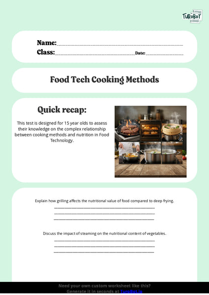 Free Worksheet - Year 10 Food Technology Cooking Methods and Their Effects on Nutrition Short Answer Response