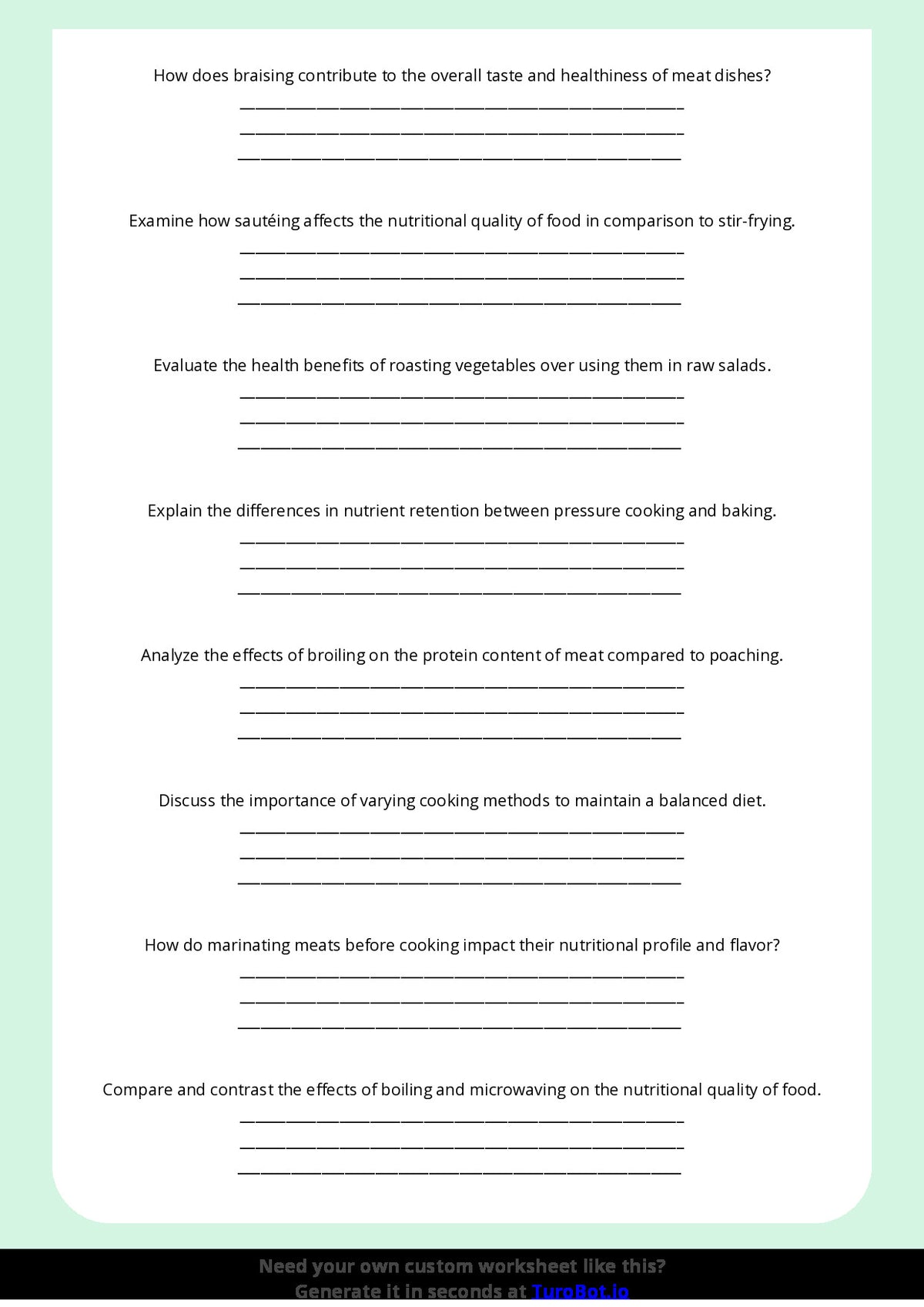Free Worksheet - Year 10 Food Technology Cooking Methods and Their Effects on Nutrition Short Answer Response