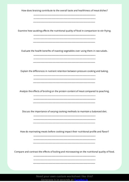 Free Worksheet - Year 10 Food Technology Cooking Methods and Their Effects on Nutrition Short Answer Response