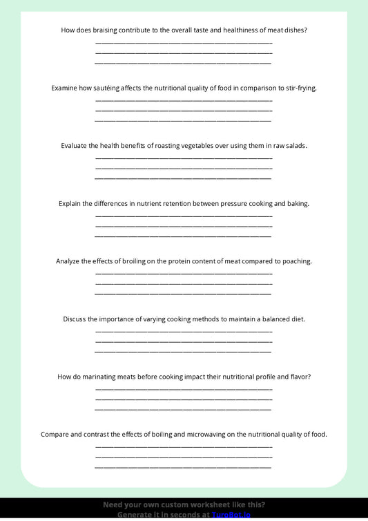 Free Worksheet - Year 10 Food Technology Cooking Methods and Their Effects on Nutrition Short Answer Response