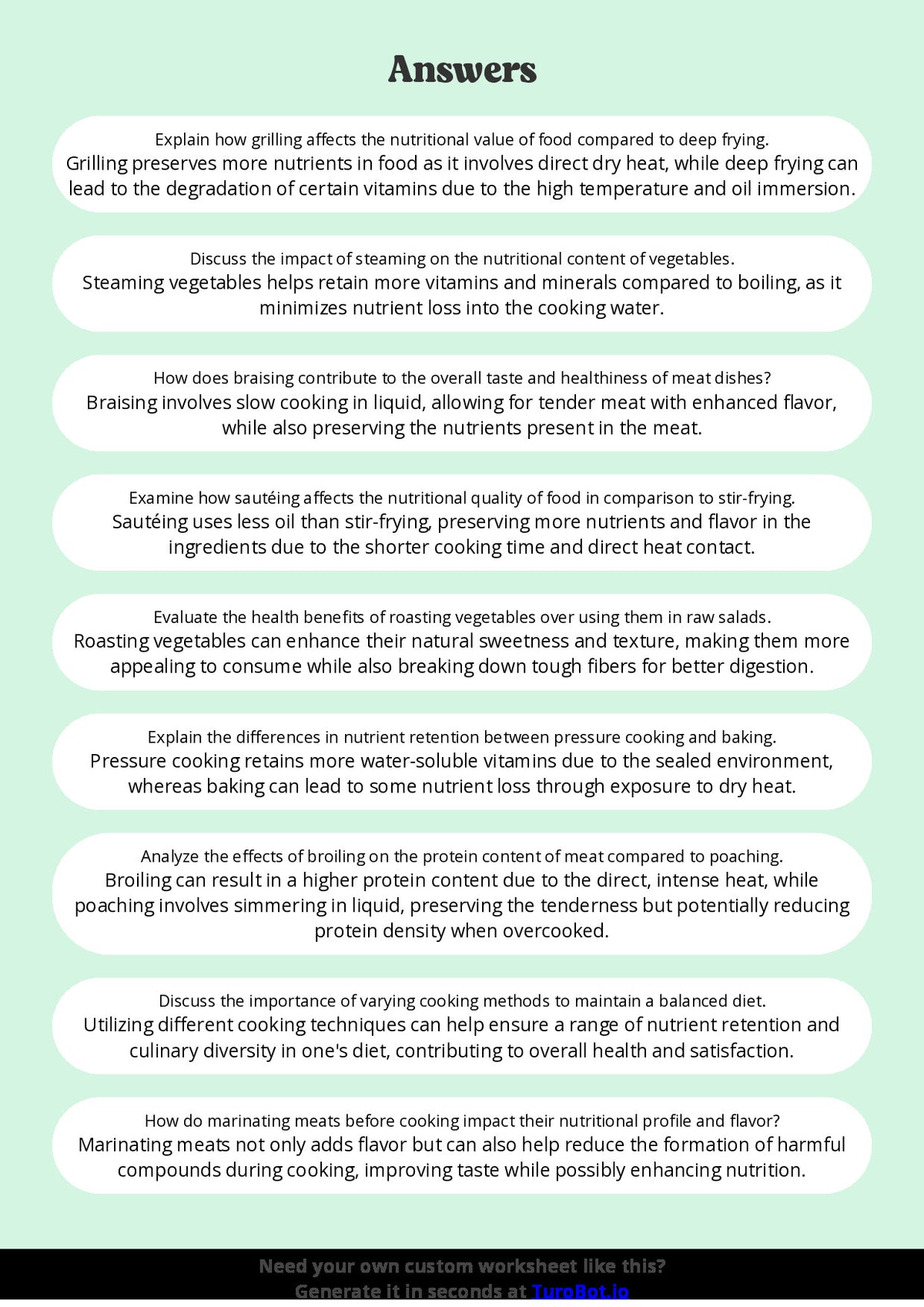 Free Worksheet - Year 10 Food Technology Cooking Methods and Their Effects on Nutrition Short Answer Response