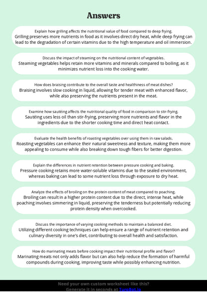 Free Worksheet - Year 10 Food Technology Cooking Methods and Their Effects on Nutrition Short Answer Response