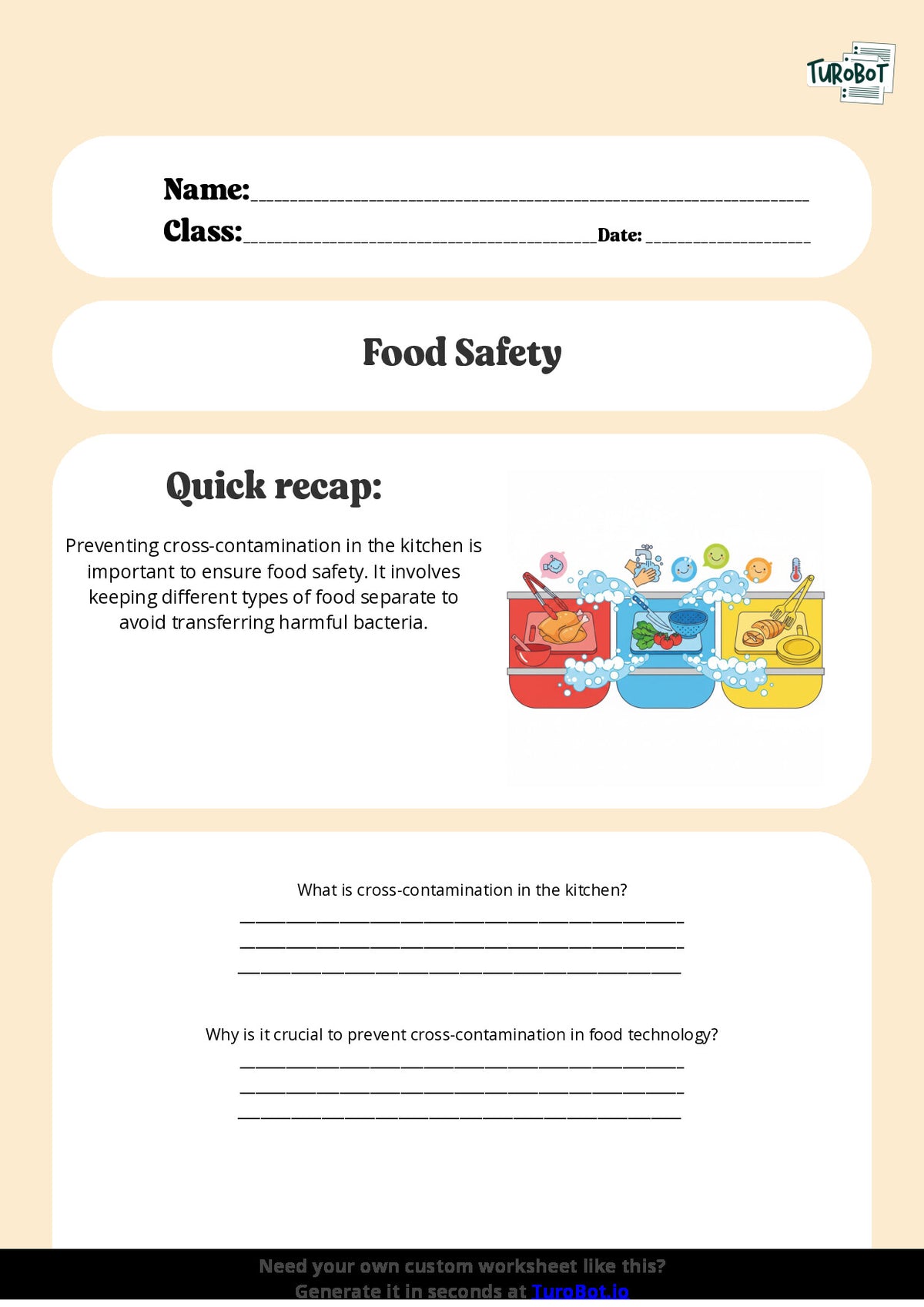 Free Worksheet - Year 6 Food Technology Preventing Cross Contamination in the Kitchen Short Answer Response