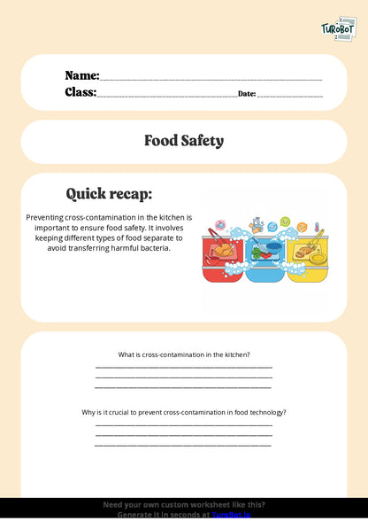 Free Worksheet - Year 6 Food Technology Preventing Cross Contamination in the Kitchen Short Answer Response