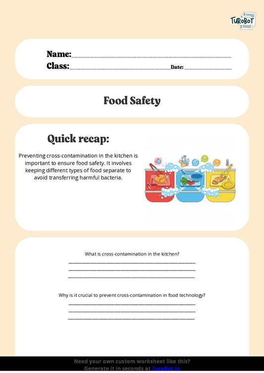 Free Worksheet - Year 6 Food Technology Preventing Cross Contamination in the Kitchen Short Answer Response