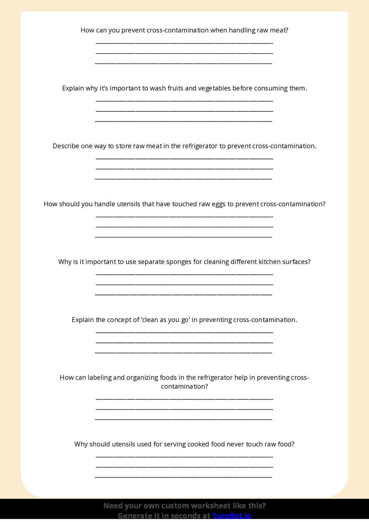 Free Worksheet - Year 6 Food Technology Preventing Cross Contamination in the Kitchen Short Answer Response