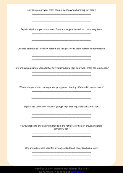 Free Worksheet - Year 6 Food Technology Preventing Cross Contamination in the Kitchen Short Answer Response