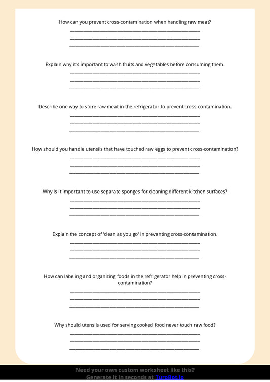 Free Worksheet - Year 6 Food Technology Preventing Cross Contamination in the Kitchen Short Answer Response