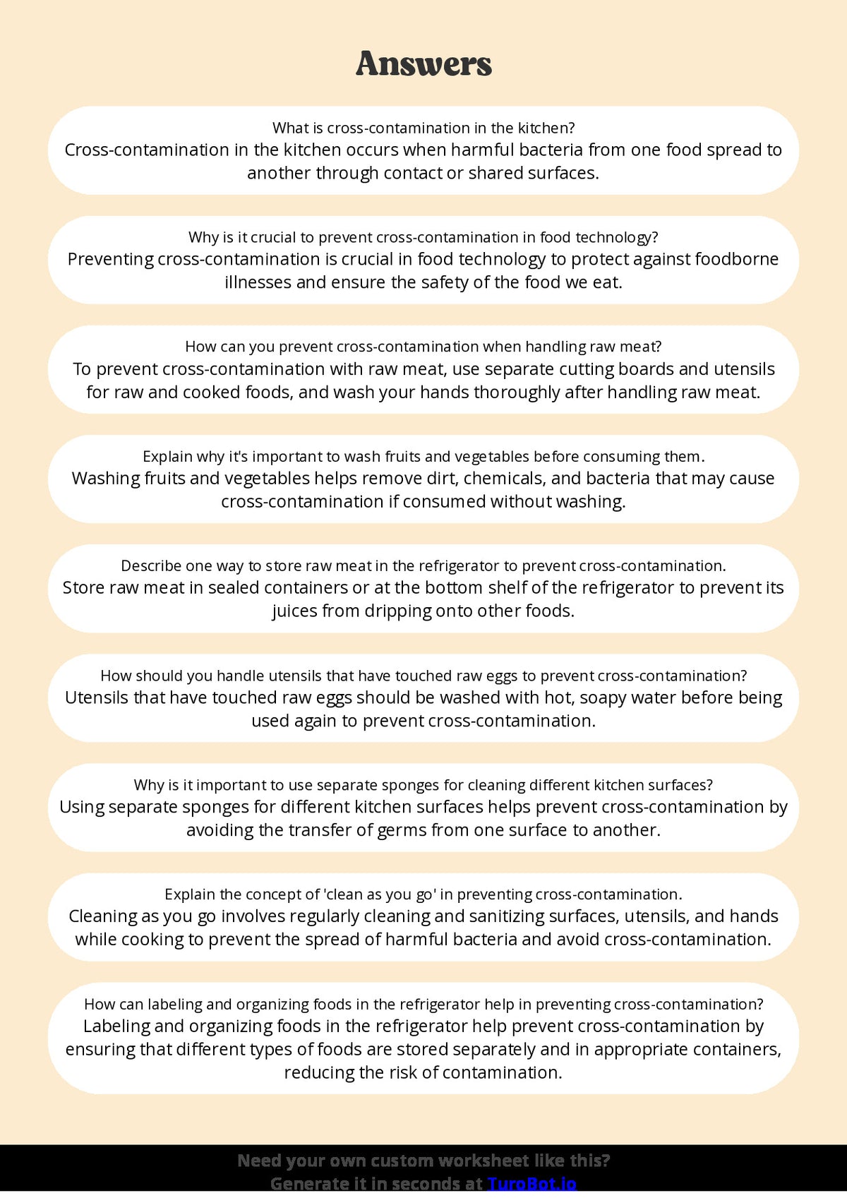 Free Worksheet - Year 6 Food Technology Preventing Cross Contamination in the Kitchen Short Answer Response