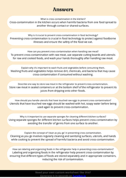 Free Worksheet - Year 6 Food Technology Preventing Cross Contamination in the Kitchen Short Answer Response