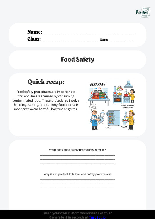 Free Worksheet - Year 6 Food Technology Understanding Food Safety Procedures Short Answer Response