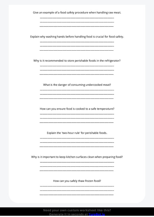 Free Worksheet - Year 6 Food Technology Understanding Food Safety Procedures Short Answer Response