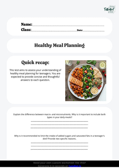 Free Worksheet - Year 9 Food Technology Healthy Meal Planning for Teenagers Short Answer Response