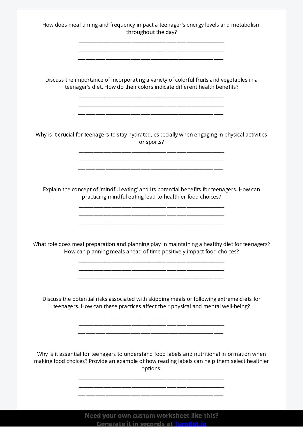 Free Worksheet - Year 9 Food Technology Healthy Meal Planning for Teenagers Short Answer Response