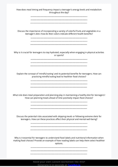 Free Worksheet - Year 9 Food Technology Healthy Meal Planning for Teenagers Short Answer Response