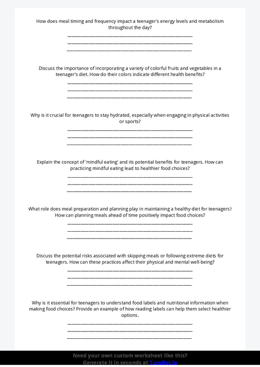 Free Worksheet - Year 9 Food Technology Healthy Meal Planning for Teenagers Short Answer Response