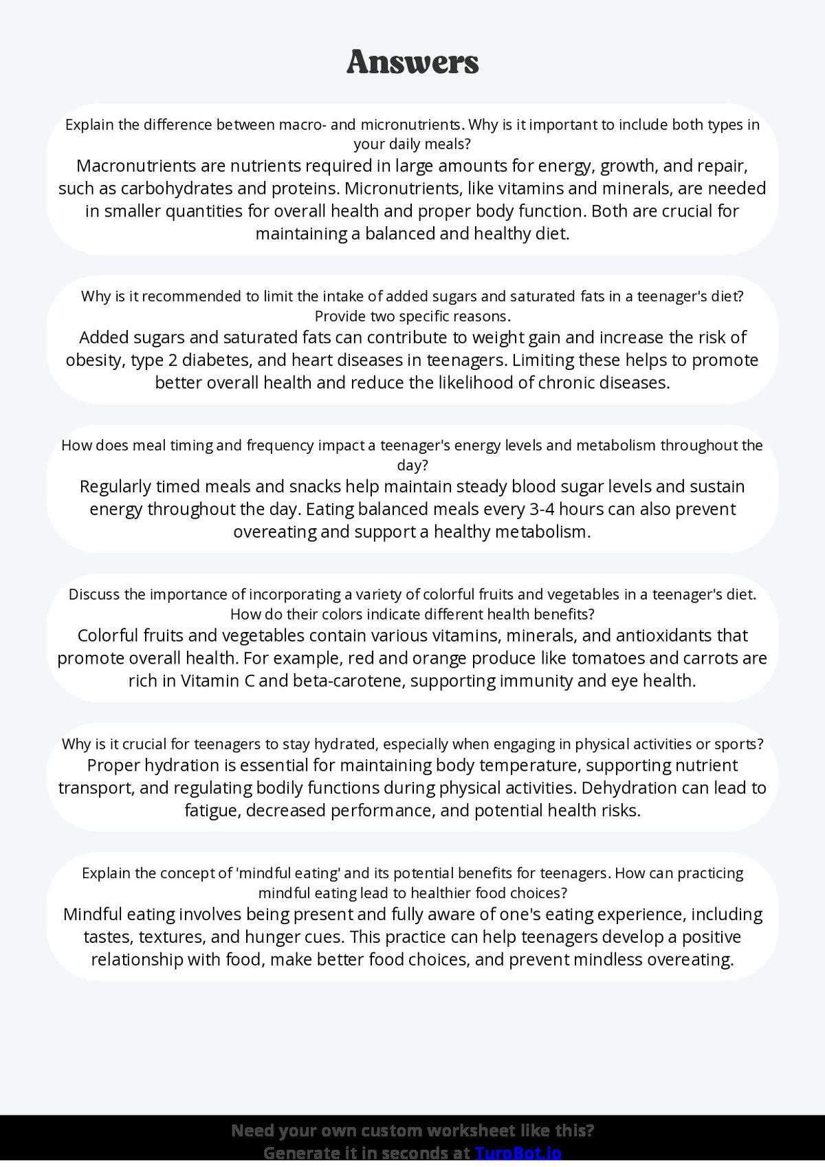 Free Worksheet - Year 9 Food Technology Healthy Meal Planning for Teenagers Short Answer Response