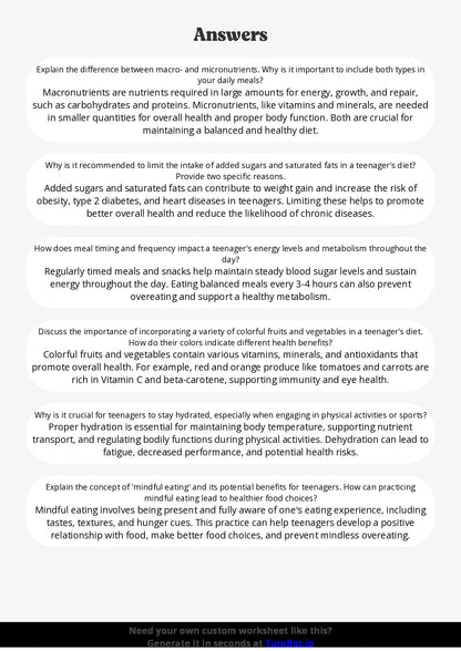 Free Worksheet - Year 9 Food Technology Healthy Meal Planning for Teenagers Short Answer Response