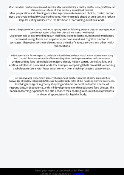 Free Worksheet - Year 9 Food Technology Healthy Meal Planning for Teenagers Short Answer Response