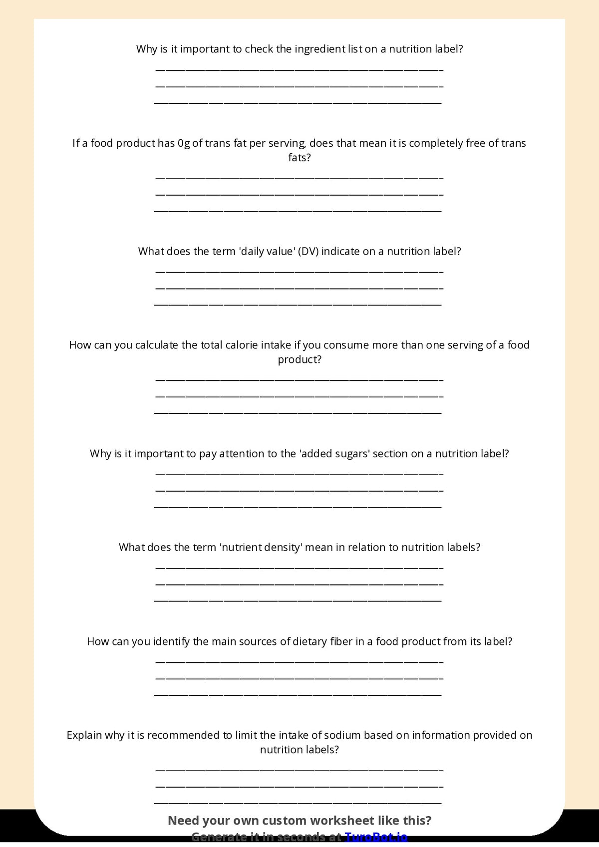 Free Worksheet - Year 10 Food Technology Reading and Understanding Nutrition Labels Short Answer Response