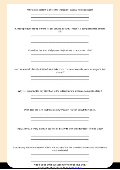 Free Worksheet - Year 10 Food Technology Reading and Understanding Nutrition Labels Short Answer Response