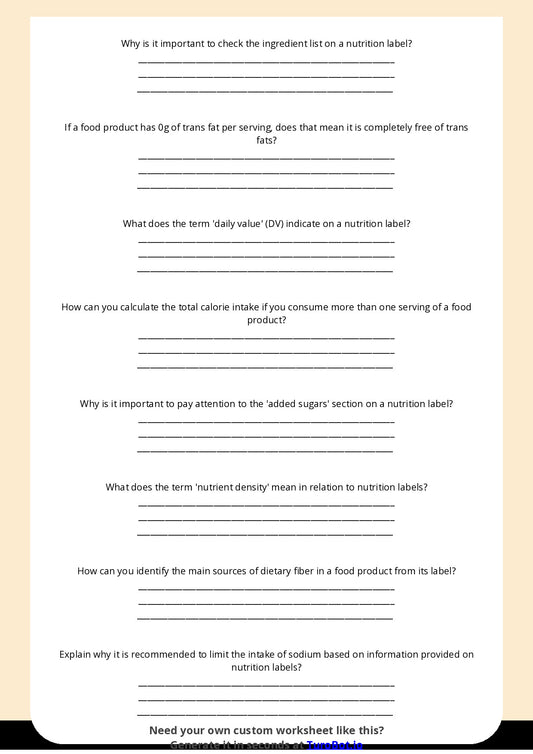 Free Worksheet - Year 10 Food Technology Reading and Understanding Nutrition Labels Short Answer Response