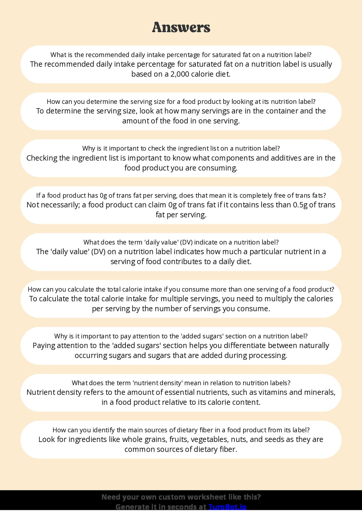 Free Worksheet - Year 10 Food Technology Reading and Understanding Nutrition Labels Short Answer Response