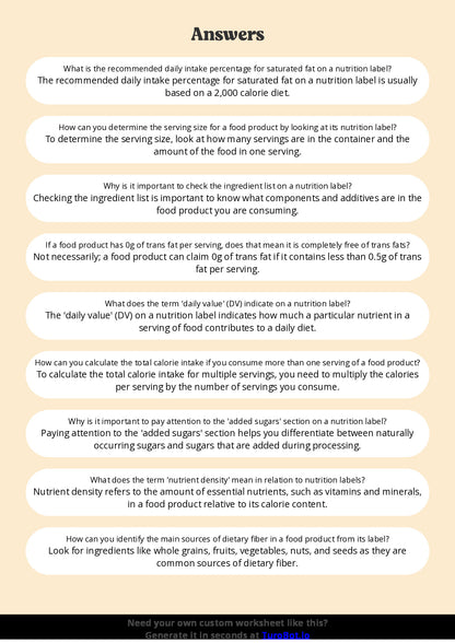 Free Worksheet - Year 10 Food Technology Reading and Understanding Nutrition Labels Short Answer Response