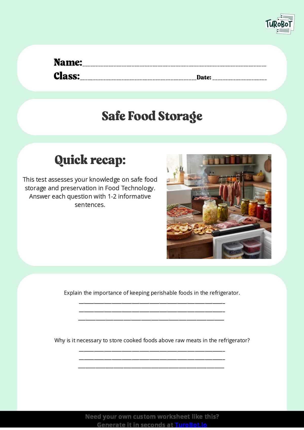 Free Worksheet - Year 8 Food Technology Safe Food Storage and Preservation Short Answer Response