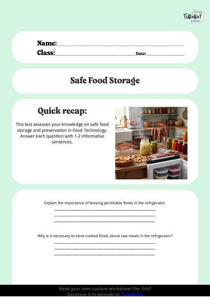 Free Worksheet - Year 8 Food Technology Safe Food Storage and Preservation Short Answer Response