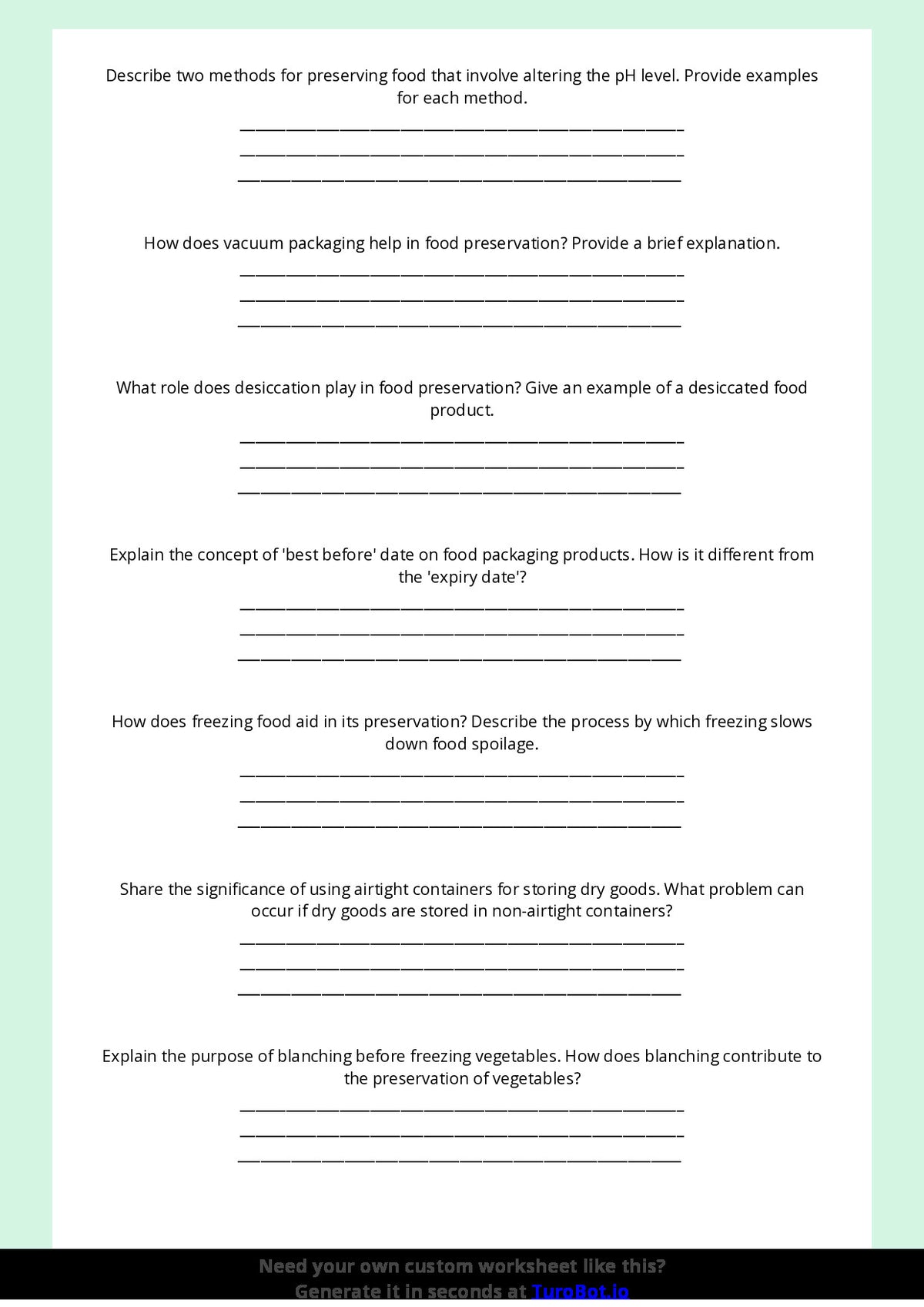 Free Worksheet - Year 8 Food Technology Safe Food Storage and Preservation Short Answer Response