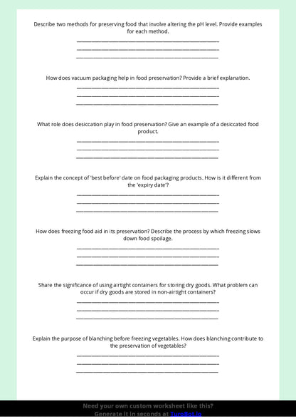 Free Worksheet - Year 8 Food Technology Safe Food Storage and Preservation Short Answer Response