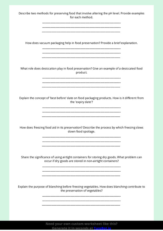 Free Worksheet - Year 8 Food Technology Safe Food Storage and Preservation Short Answer Response