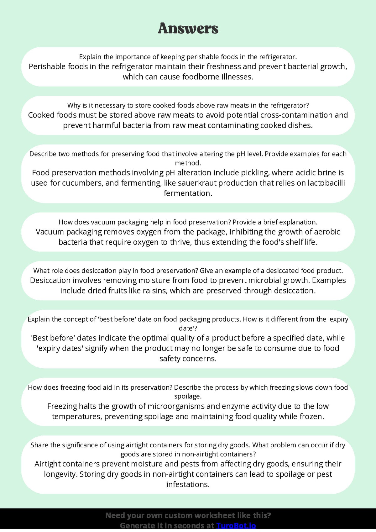 Free Worksheet - Year 8 Food Technology Safe Food Storage and Preservation Short Answer Response