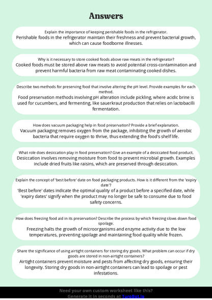 Free Worksheet - Year 8 Food Technology Safe Food Storage and Preservation Short Answer Response