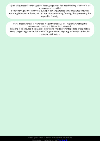 Free Worksheet - Year 8 Food Technology Safe Food Storage and Preservation Short Answer Response