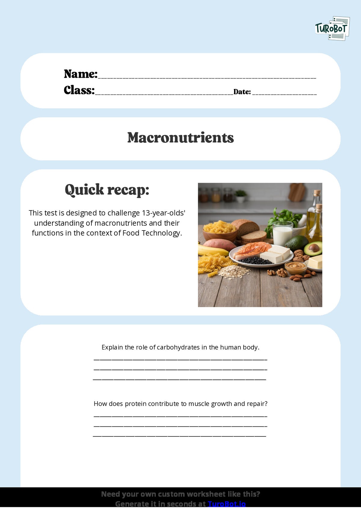 Free Worksheet - Year 8 Food Technology Understanding Macronutrients and Their Functions Short Answer Response