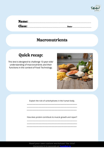 Free Worksheet - Year 8 Food Technology Understanding Macronutrients and Their Functions Short Answer Response