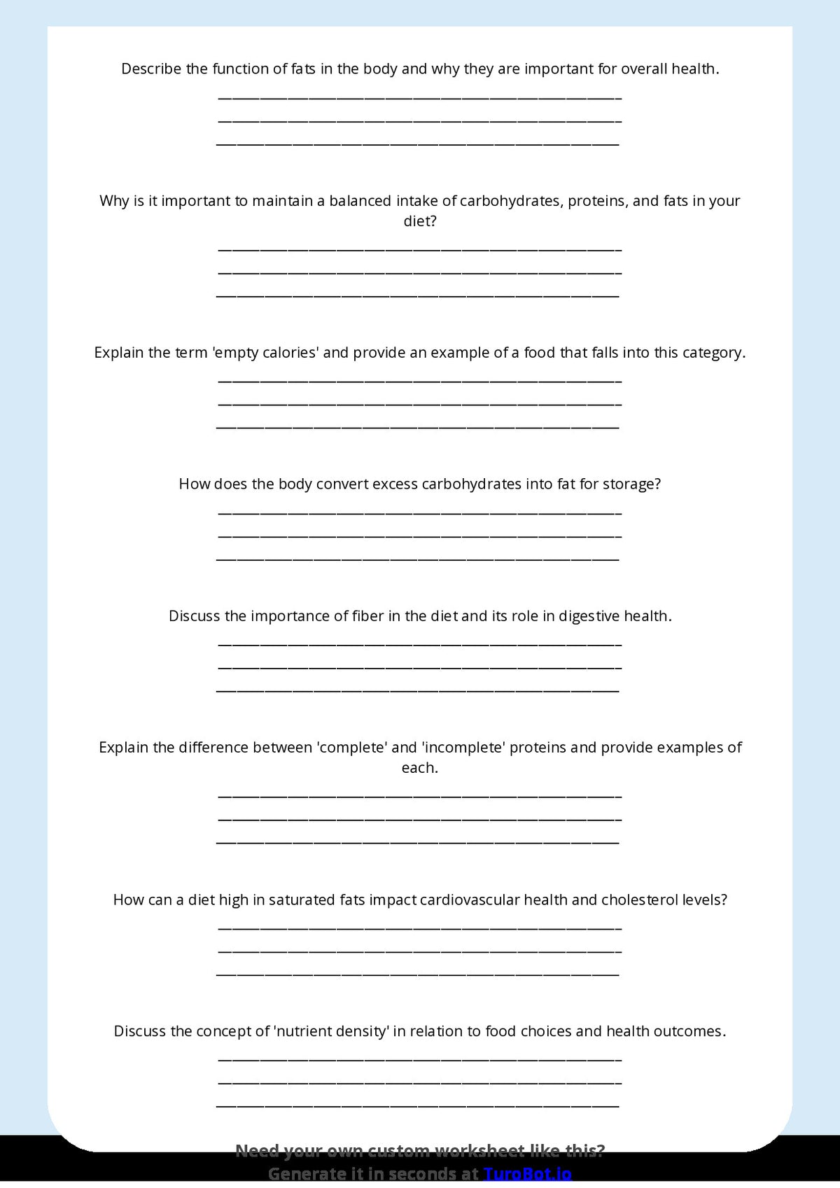 Free Worksheet - Year 8 Food Technology Understanding Macronutrients and Their Functions Short Answer Response