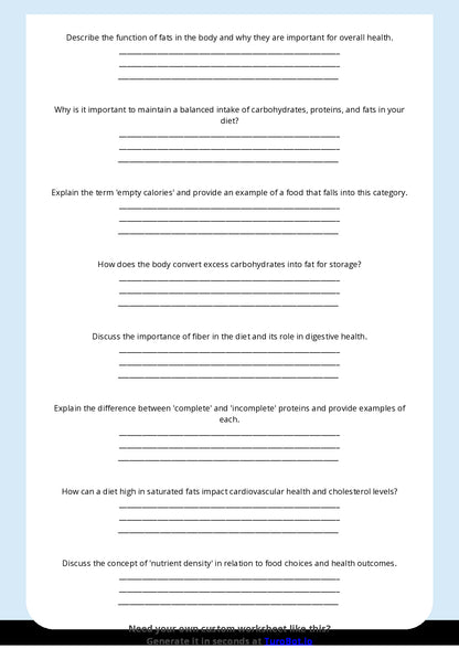 Free Worksheet - Year 8 Food Technology Understanding Macronutrients and Their Functions Short Answer Response