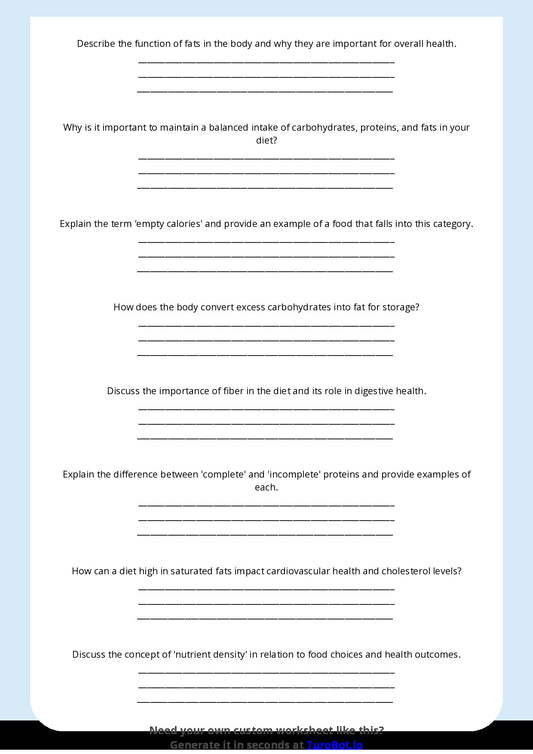 Free Worksheet - Year 8 Food Technology Understanding Macronutrients and Their Functions Short Answer Response